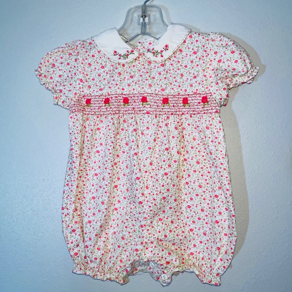 Floral Smocked Romper Baby Girls Pink Bubble Rosette First Moments 3-6 Months